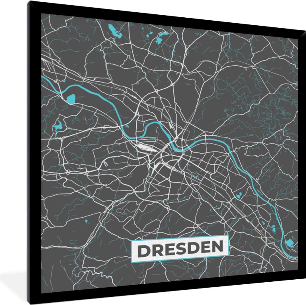 MuchoWow Gerahmtes Poster Deutschland - Blau - Dresden - Stadtplan - Karte 40x40 cm - Poster mit Schwarzem Bilderrahmen Wandposter Rahmen Foto Bi...