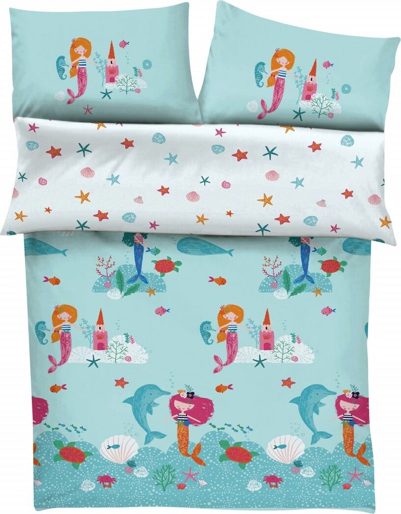 s.Oliver Junior Bettwäsche, 100 x 135 cm - türkis, Satinbettwäsche mit Meerjungfrau, 100 % Baumwolle