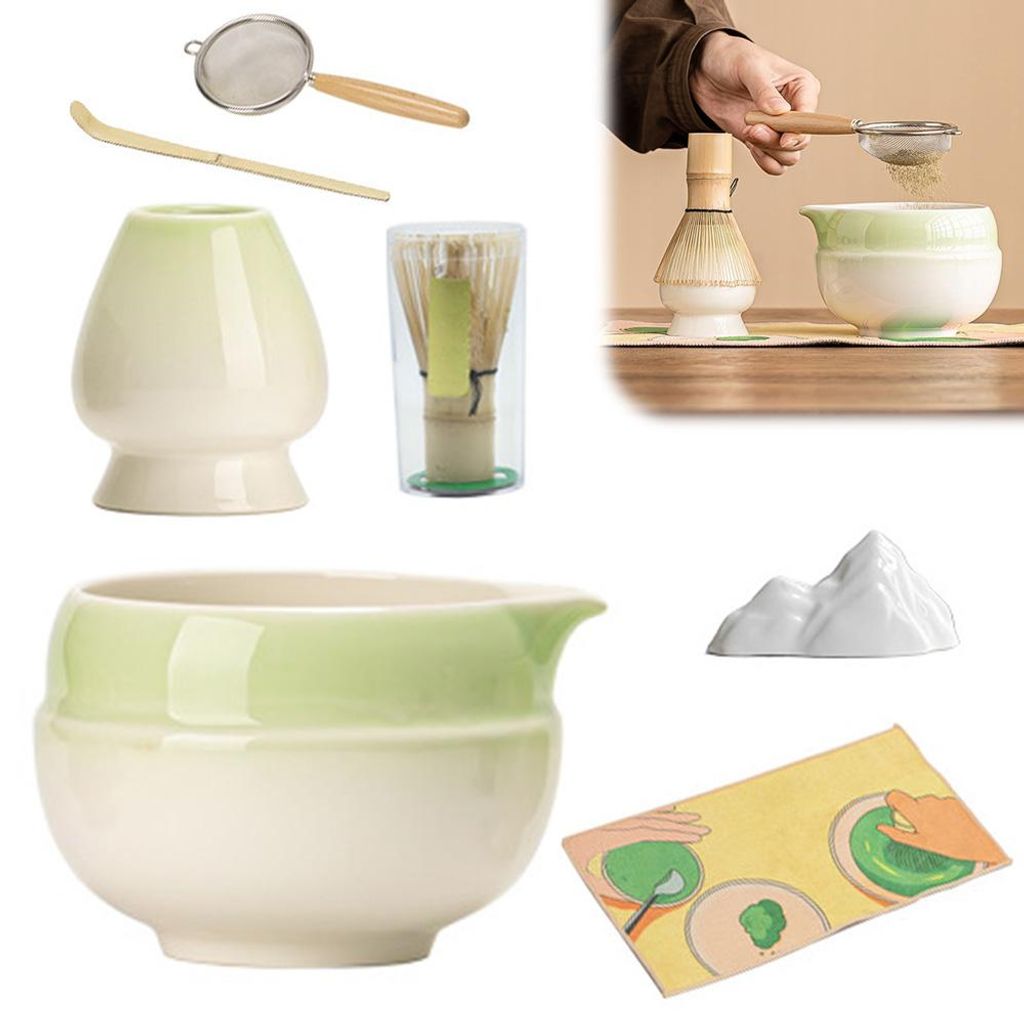 Matcha Set Tea (7-teilig) Keramik, Bambus Matcha Schneebesen, handgemachte Schale, Sieb & Zubehör