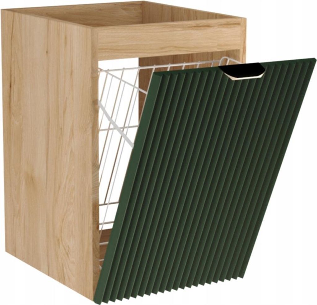 WENA Badezimmerschrank 40 cm, mit Wäschekorb, geriffelte Fronten, Griffe aus Metall in der Farbe Gold Willy (Farbe: Salbei/Walnuss)