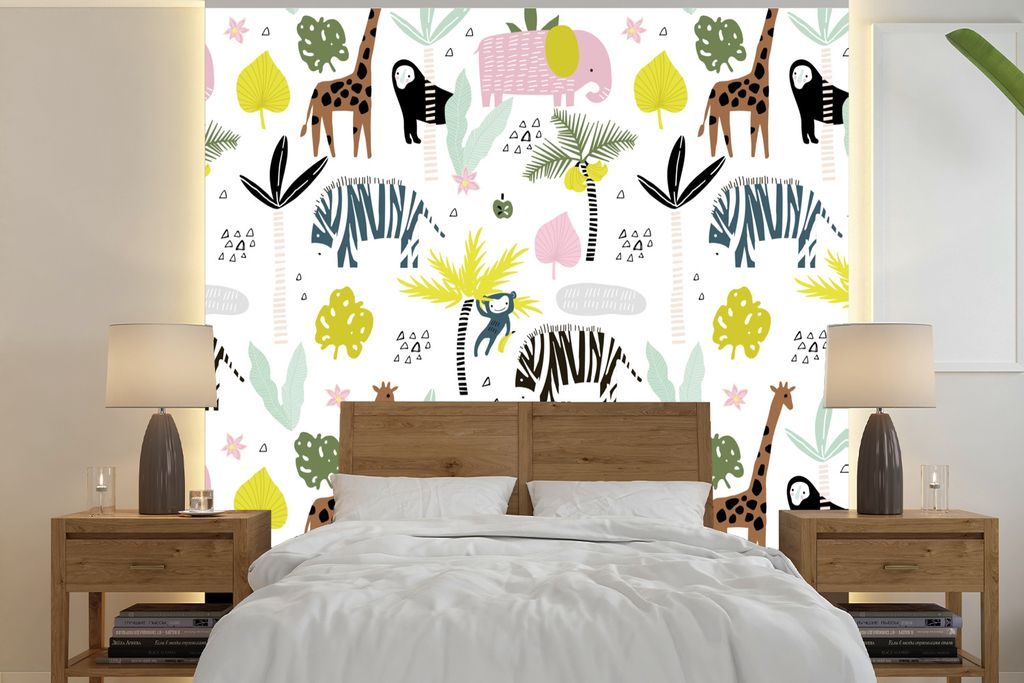 MuchoWow Fototapete für Wohnzimmer oder Schlafzimmer Wandtapete Vinyl Motivtapete Dschungel - Elefant - Affe - 300x300 cm - Wanddekoration