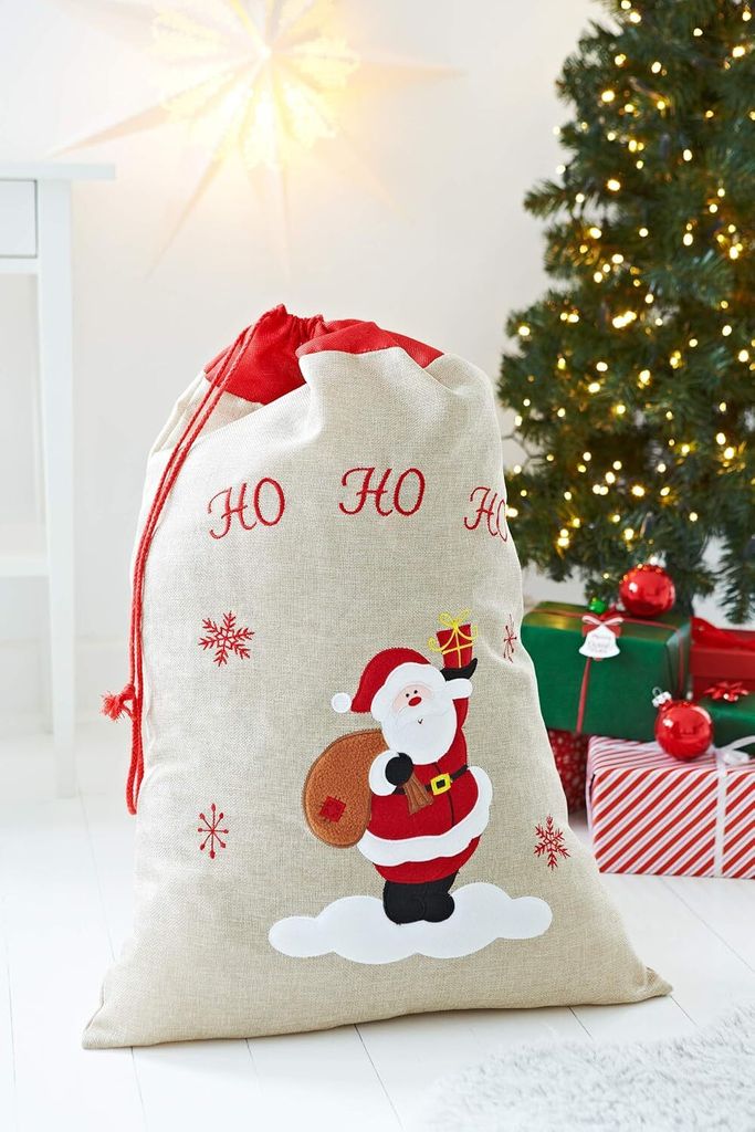 Weihnachts-Jute-Geschenkbeutel mit Kordelzug – bestickter Produktbild 3