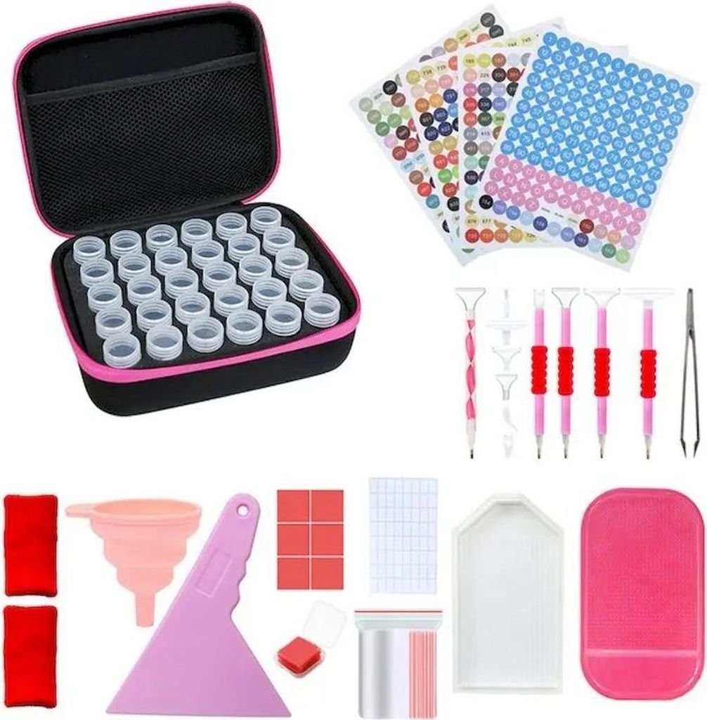 Großes Diamant-Stickwerkzeug-Set - Rosa Etui