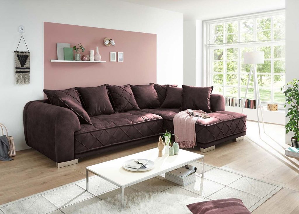 ED Exciting Design Sofa Sentina: s Ecksofa in Vielfalt von Farben und Materialien – Beidseitig montierbar mit Nosagfederung : Aubergine Designer-...