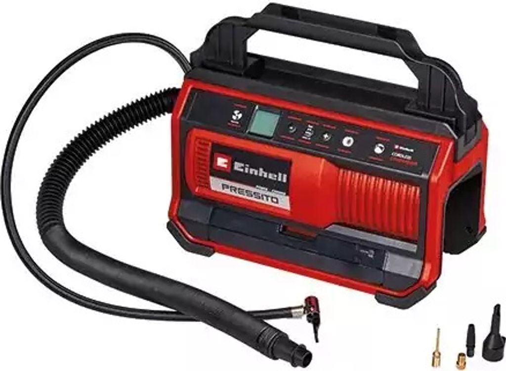A red and black Einhell battery-powered air compressor with accessories.