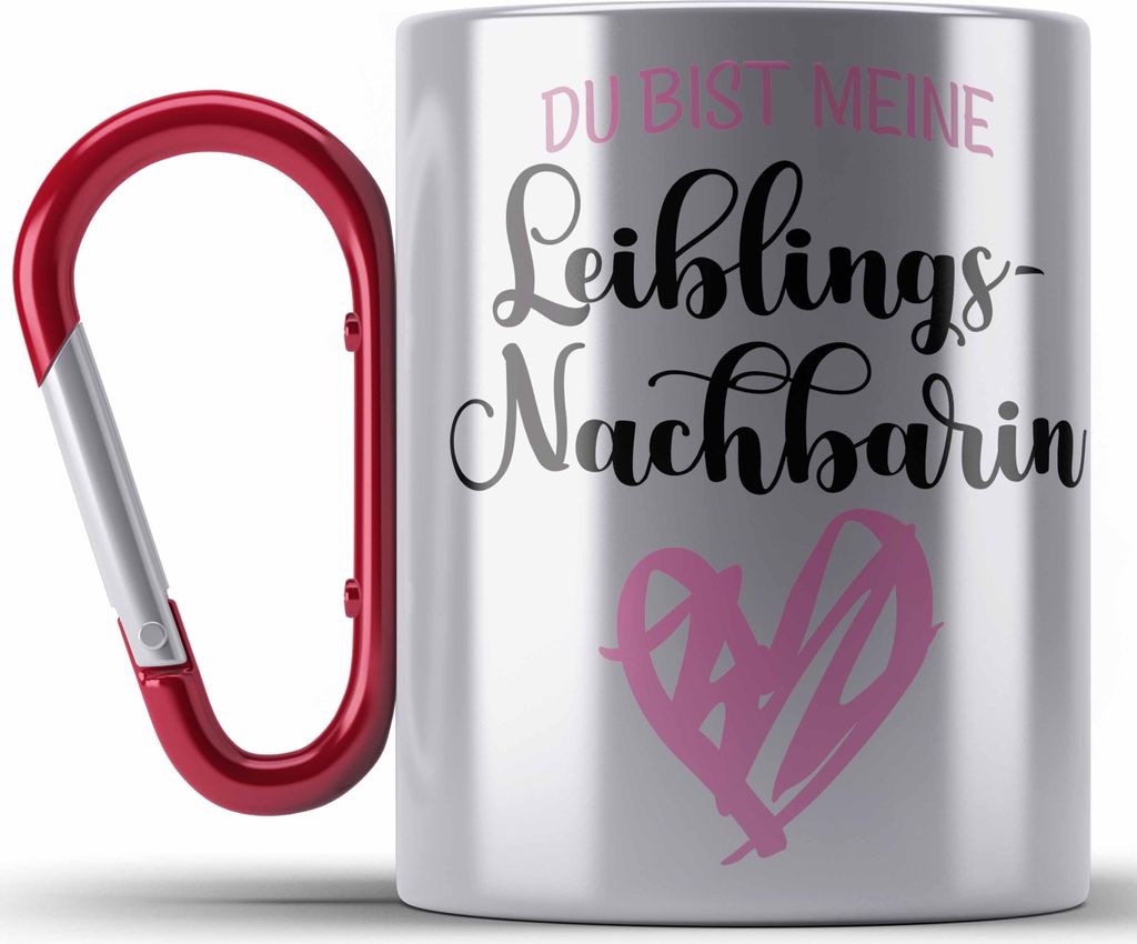 Trendation - Beste Nachbarin Der Welt Edelstahl Tasse Karabiner Geschenk Lustig Abschied Abschiedsgeschenk (Rot)
