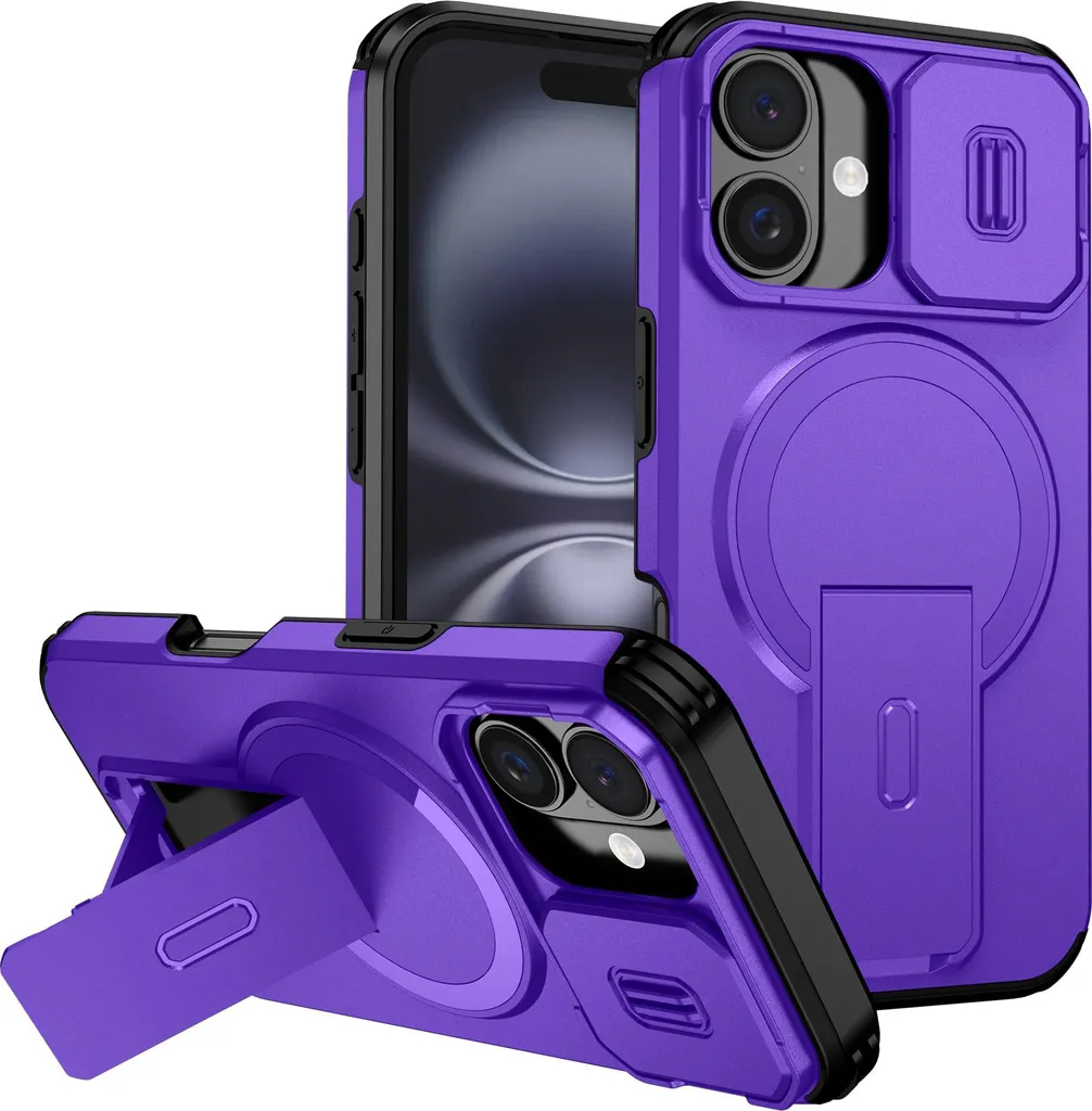 Custodia magnetica per iPhone 16, custodia resistente a due strati con protezione della fotocamera scorrevole e supporto regolabile Viola