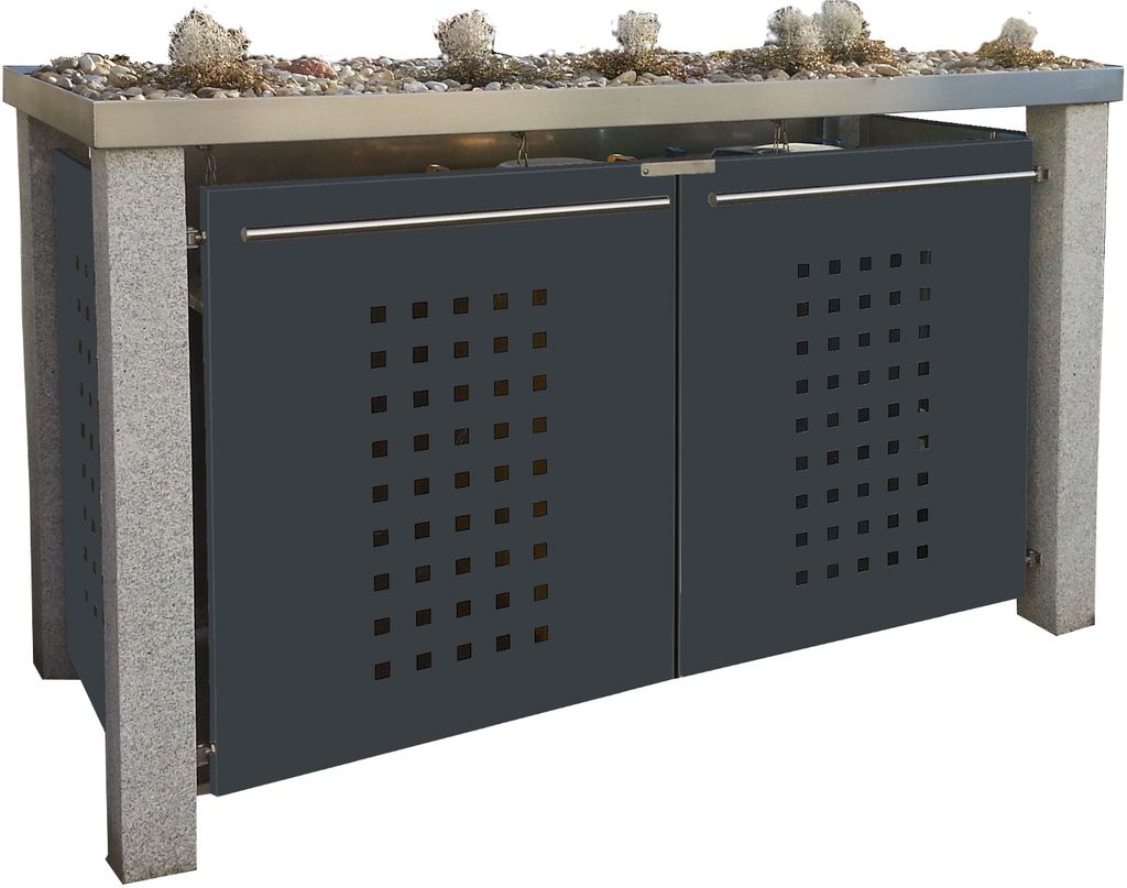 reinkeDESIGN | Mülltonnenbox 2x240L | Typ_S | zum Begrünen, Steinpfosten, Türen & Blenden Anthrazit | Ideal für Eigenheim, langlebig und stabil