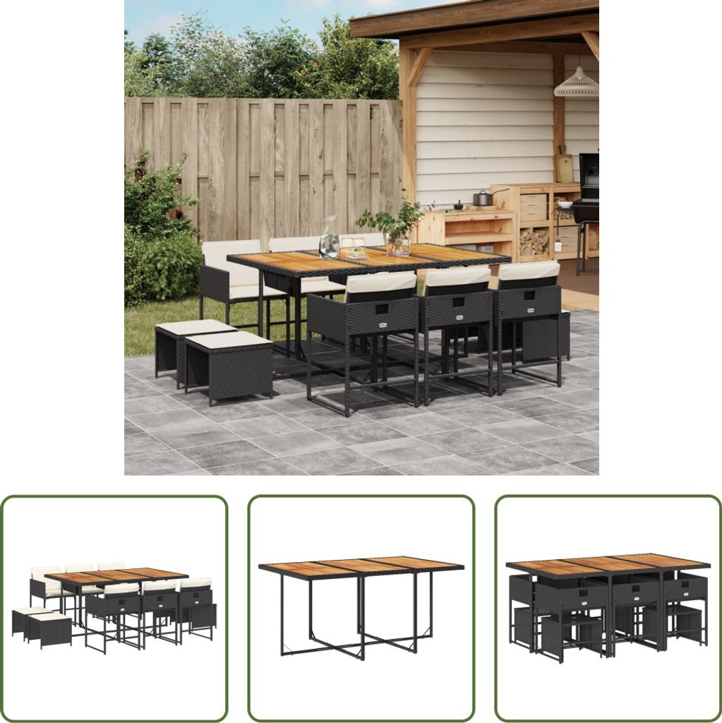 The Living Store 11-tlg. Garten-Essgruppe mit Kissen Schwarz Poly Rattan