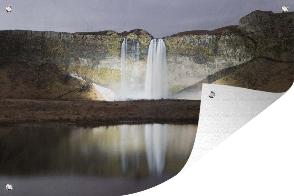 MuchoWow 120x80 cm Outdoor-Poster Gartendeko Sichtschutz Garten Poster für den Garten Ein Wasserfall mit einem See im Þingvellir-Nationalpark i...