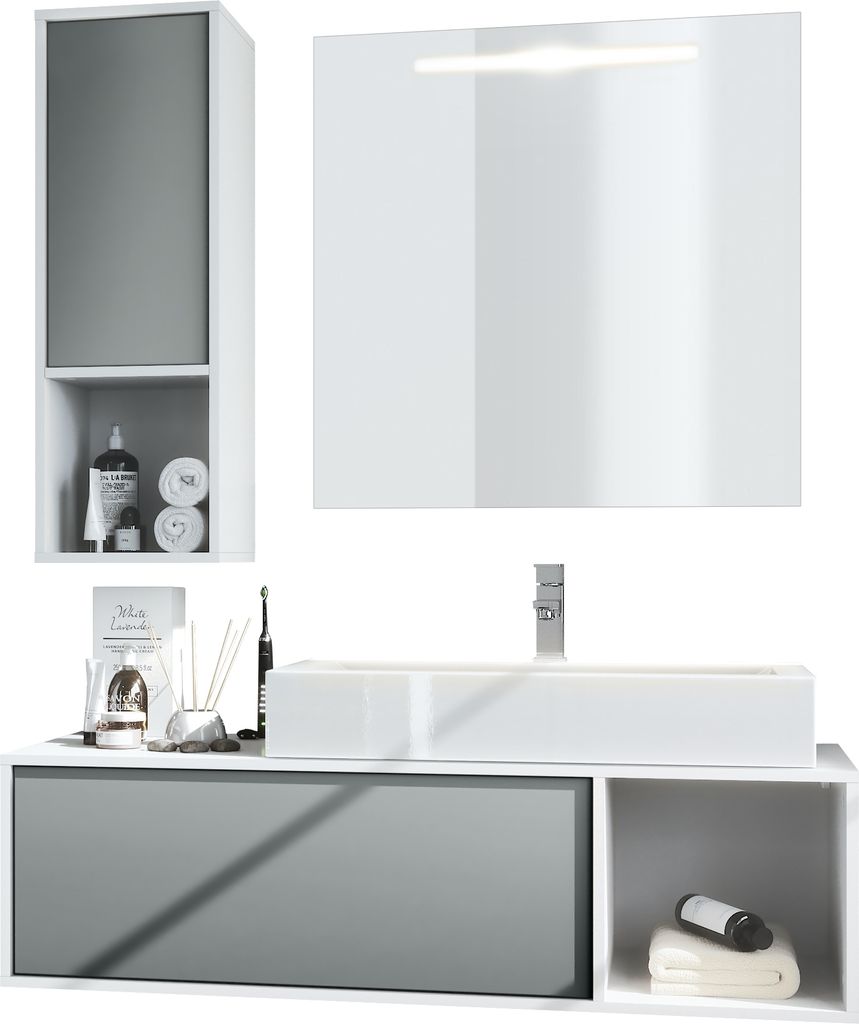 Vladon Badmöbel Komplettset La Costa, Germany, Korpus in Weiß matt / Fronten in Graphit seidenmatt, mit Aufsatzwaschbecken, Armatur und LED Spiegel