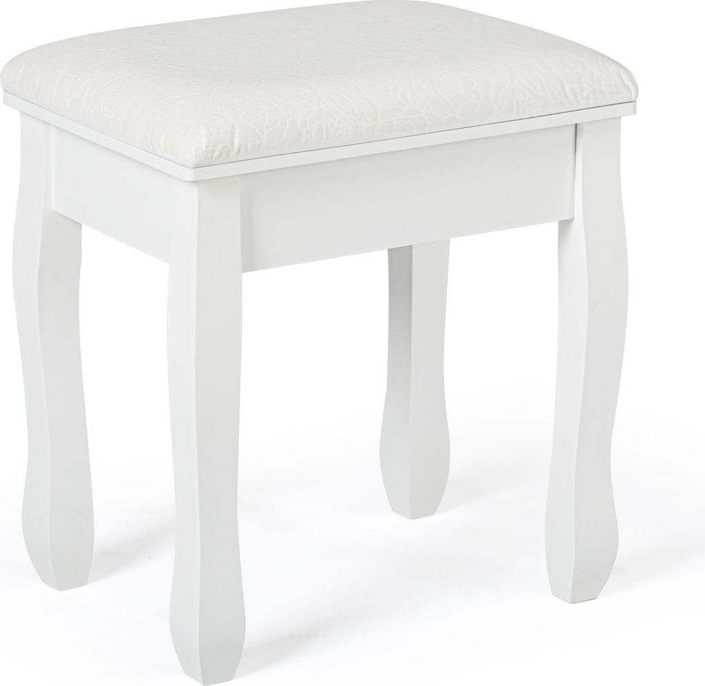 A white upholstered stool with ornate legs against a white background.