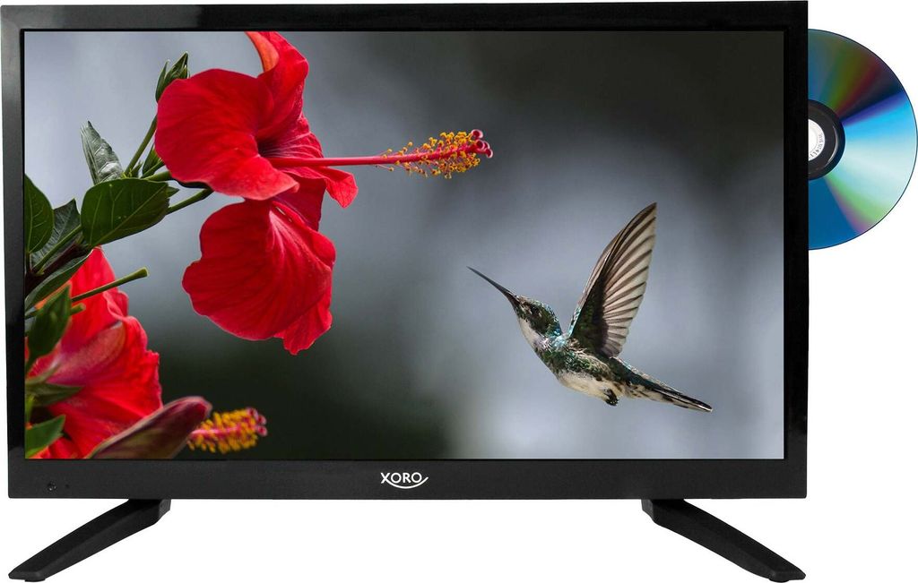 A flat-screen television displaying a nature scene with flowers and a hummingbird. A DVD is inserted into the side of the TV.
