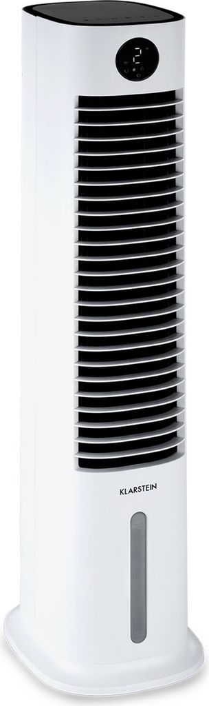 A tall, white tower fan with a black top and a digital display.