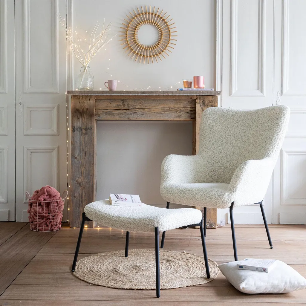 Fauteuil bouclette blanc cassé avec pouf assorti EIRA - Texture Douceur - 2