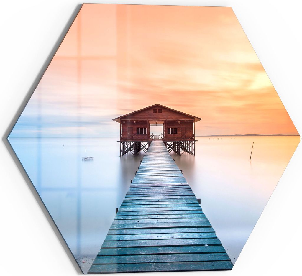 DEQORI Magnettafel Glas 40x35 cm 6-eckig 'Holzsteg mit Hütte' beschreibbar Whiteboard