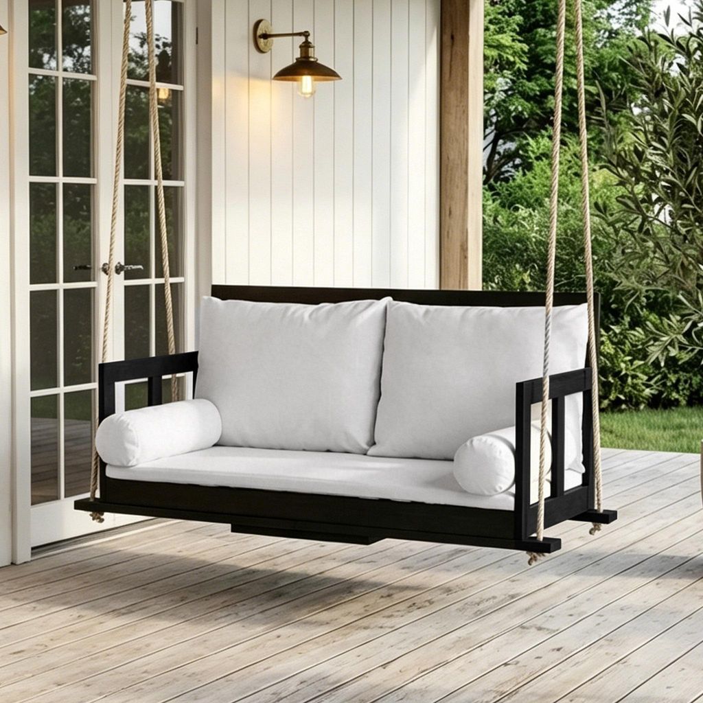 okwish Schaukelstuhl Doppelsitz mit Komfortkissen und zwei Seilen Garten-Hängesessel abnehmbaren Sitzkissen Gestell nicht enthalten Schwarz