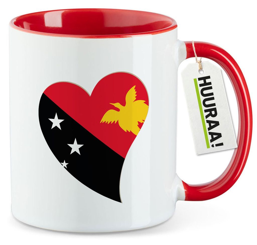 Huuraa Kaffeetasse Papua-Neuguinea Flagge Herz 330ml Rot Keramik Kaffeebecher Geschenkidee