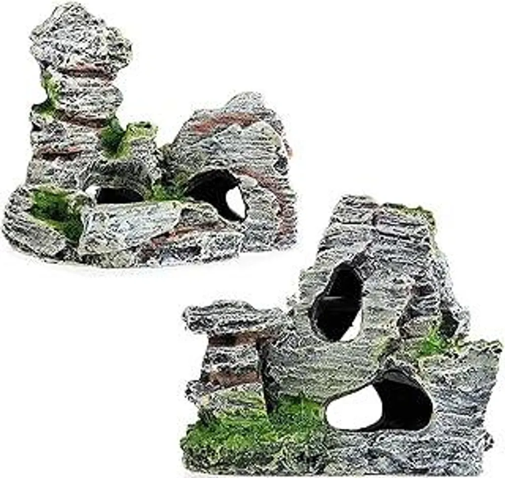 2 pezzi Decorazione roccia grotta per acquario con erba verde per pesci gamberetti nascondiglio Decorazione acquario Resina Accessori acquario, Grotta in resina per acquario Mountain View? 11 x 9 x 11 cm, 10 x 5,5 x 10 cm.