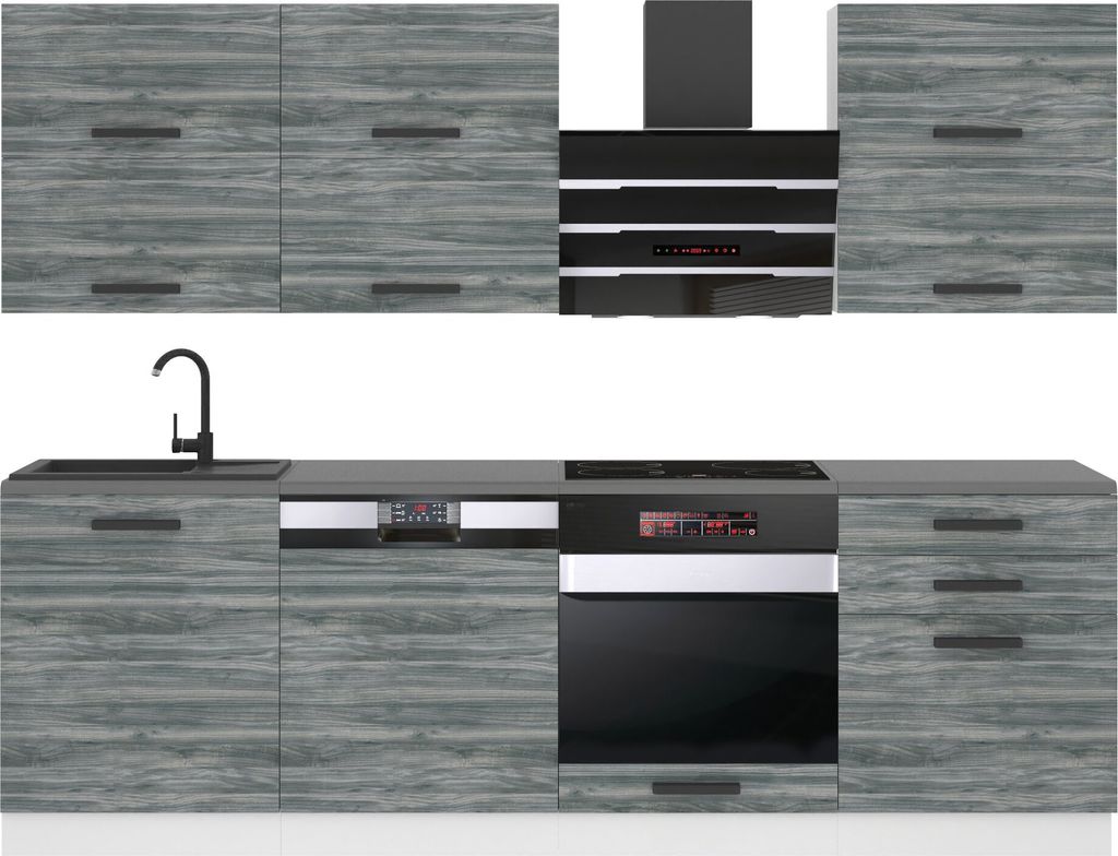 Belini Küchenzeile Küchenblock Madison - Küchenmöbel 240 cm Einbauküche Vollausstattung ohne Elektrogeräten mit Hängeschränke und Unterschr...