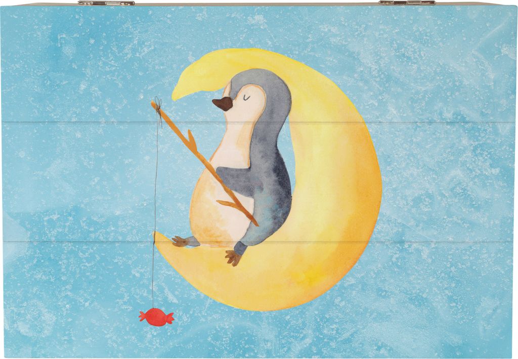 Mr. & Mrs. Panda kiste holz Pinguin Mond 22 x 15 cm - Eisblau - Geschenk, Holzkiste, fotobox, mit Deckel, Erschöpft, Box, Schatzkiste, geschenkkis...