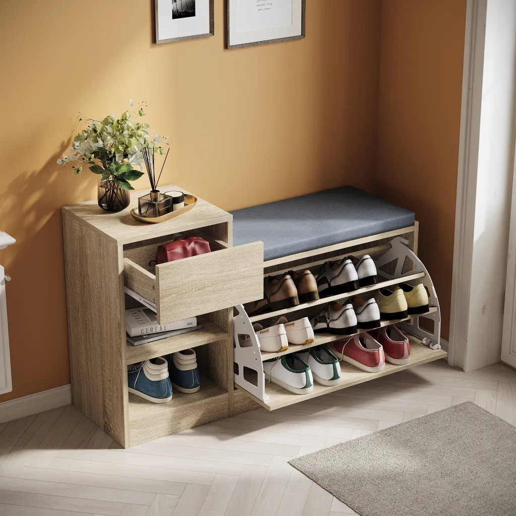 Scarpiera SONNI colore rovere 94,5x30x57cm Panca per scarpe con cassetto, con cuscino di seduta e ribalta