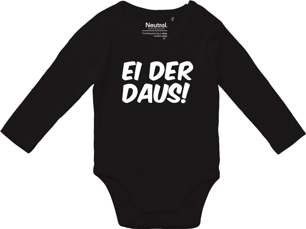 Huuraa Baby Body Ei der Daus Schriftzug 80 Black Baumwolle Fairtrade Langarmbody Geschenkidee