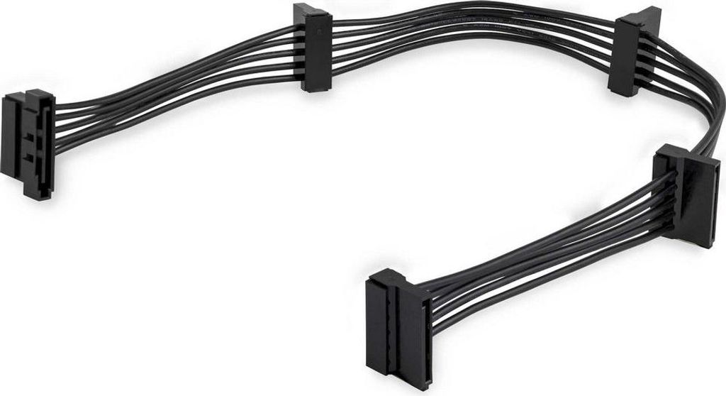 A black SATA splitter adapter cable with four female connectors is shown on a white background.