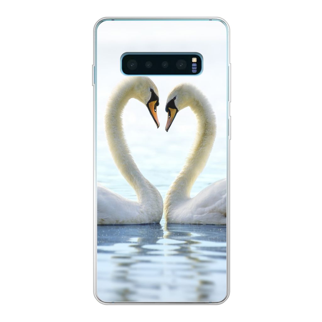 MuchoWow Handyhülle Schutzhülle Hülle für Samsung Galaxy S10 Plus Schwäne - Herz - Ehepaar Silikon Softcase Handy Hülle - Schutzhülle