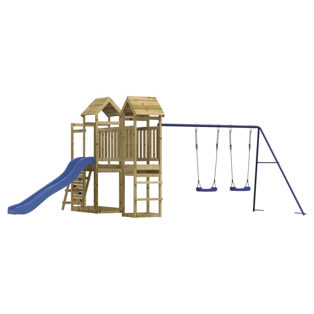 Spielturm mit Rutsche, Doppelschaukel, Kletterwand und Sandkasten, imprägniertes Kiefernholz, 90 cm Plattformhöhe, 505x332x214 cm
