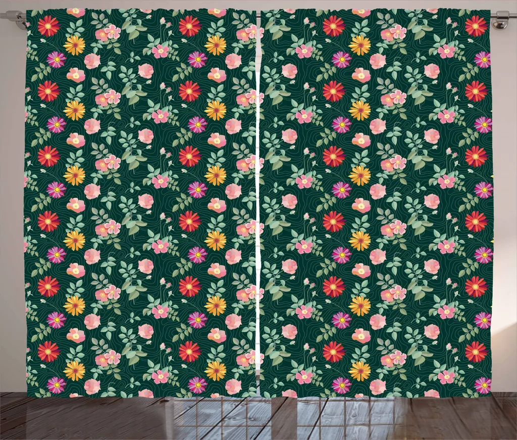 ABAKUHAUS Fiori Tenda rustica, fiori e boccioli colorati, tenda con passanti e ganci per camera da letto, 280 x 245 cm, multicolore