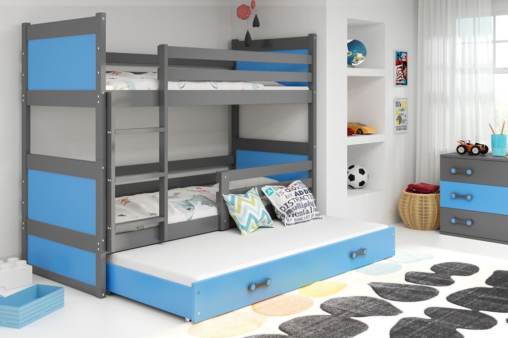 Kinderhochbett mit Zustellbett ohne Matratzen 80x160 FERGUS – Graphit / Blau