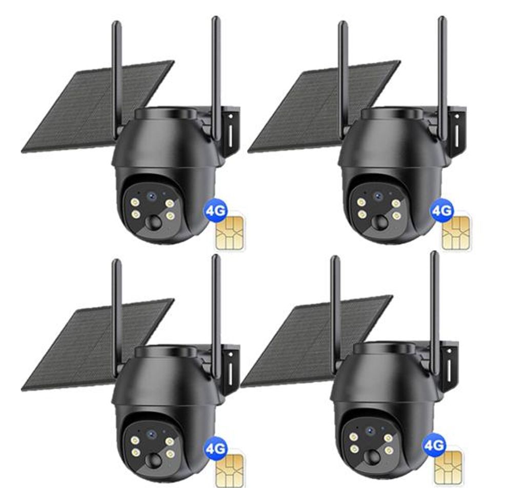 4 Pack 4G LTE Überwachungskamera Aussen mit SIM Karte, Kamera Überwachung aussen mit App, Solarpanel, 2K