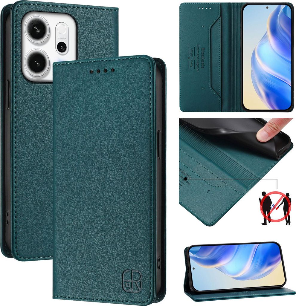 Lederhülle für Oppo Reno14 Hülle Flip Brieftasche Kartenfächern Ständer Schutzhülle Dunkelgrün