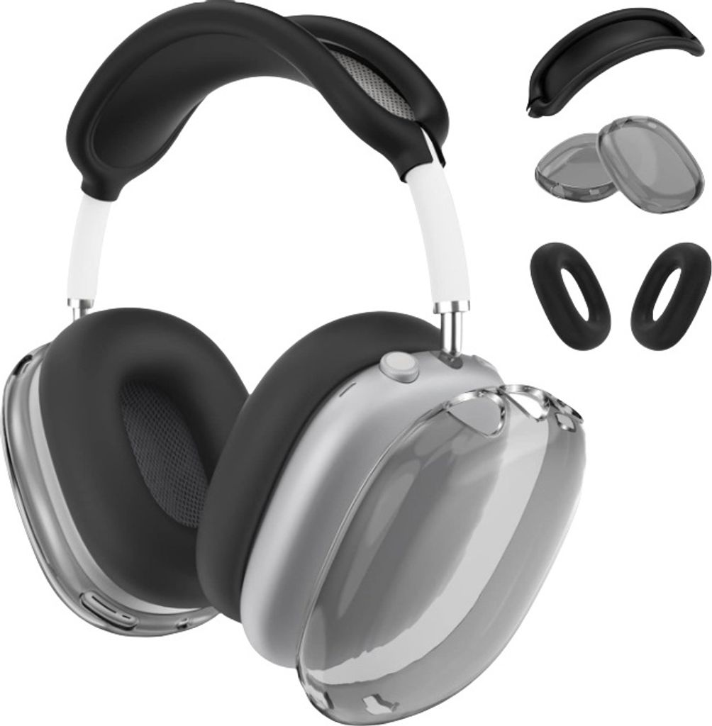A set of accessories for AirPods Max headphones, including ear pads, a headband cover, and ear cup covers, are displayed against a white background.