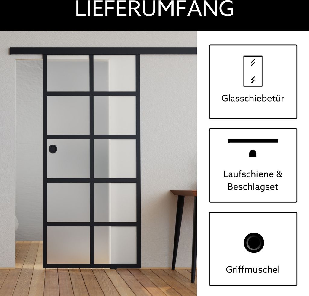 Loft Glasschiebetür Komplettset Milchglas 935x2058 inkl. Produktbild 10