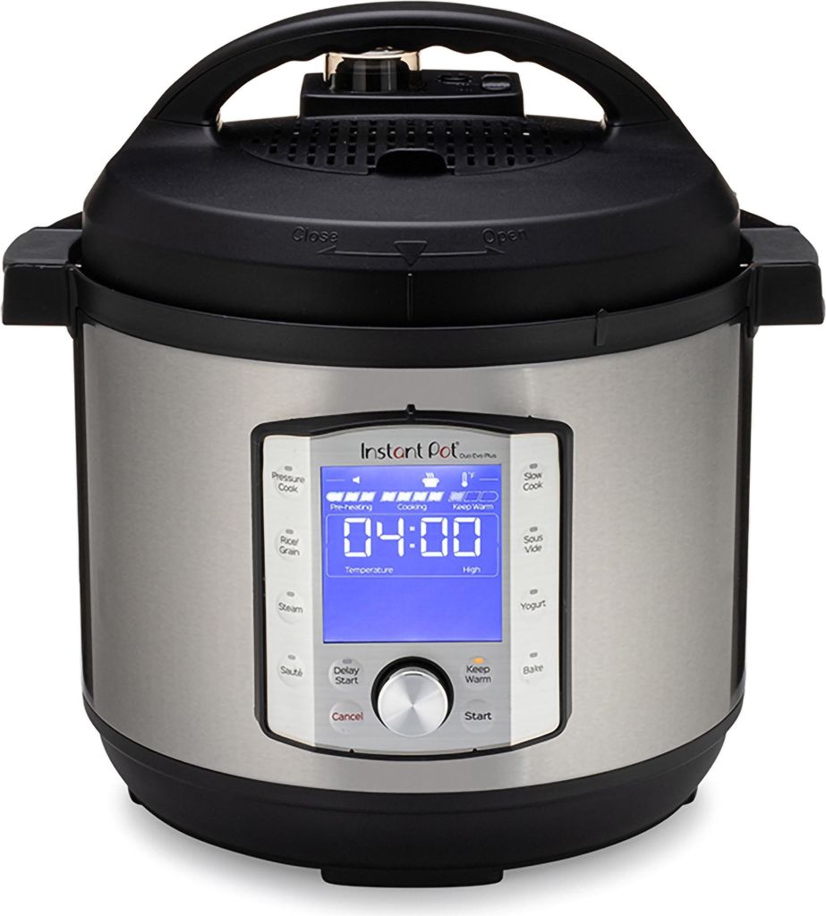 A front view of an Instant Pot Duo Evo Plus multi-cooker on a white background.