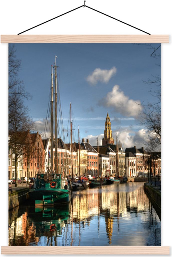 MuchoWow Textilposter Groningen - Grachtenhaus - Segelboot 120x160 cm mit holzfarbenen Rahmen - Plakatkarton