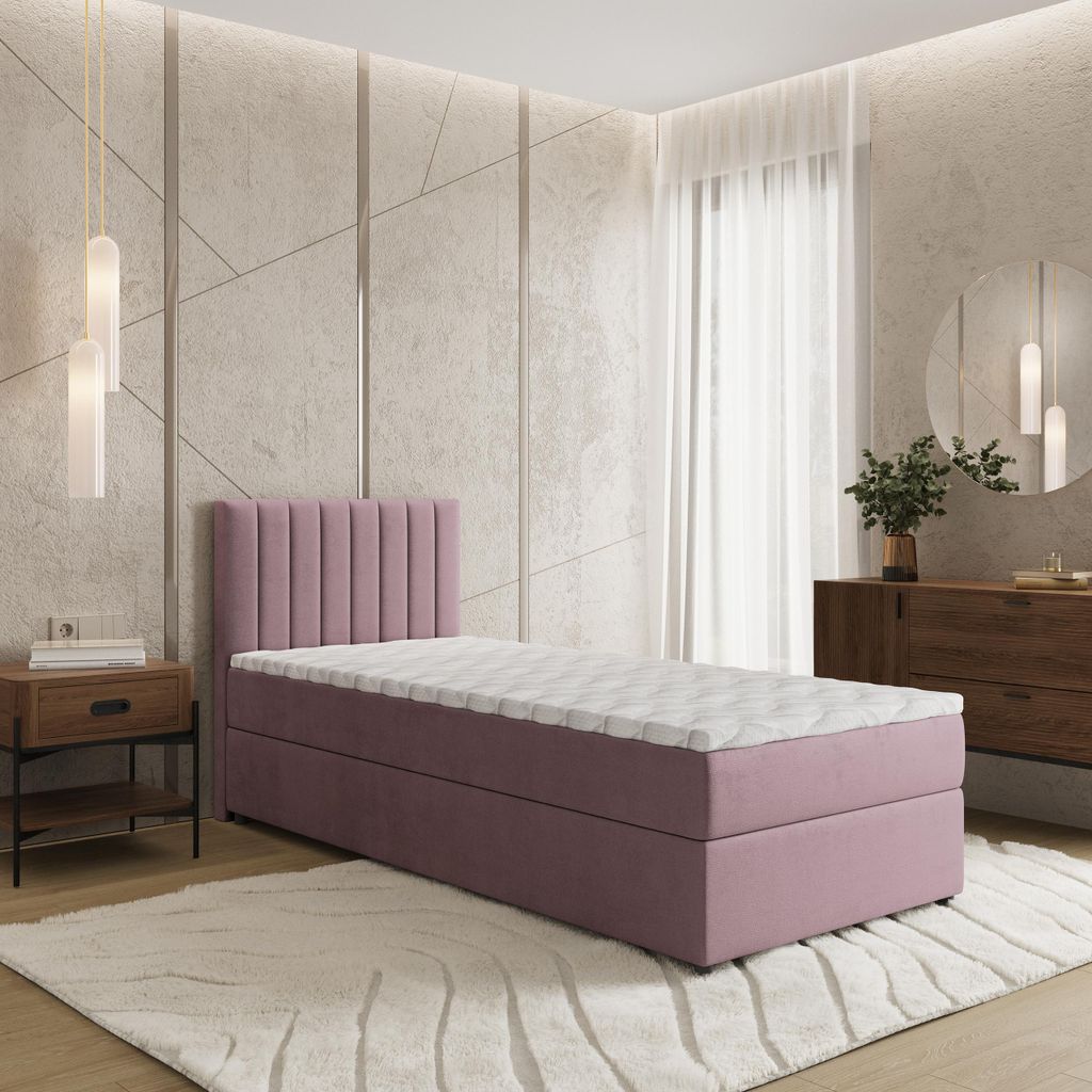 Masseno Boxspringbett BRESEL 100 100x200 cm Komplett-Set mit Bonell Matratze und Topper, Polsterbett mit Bettkästen -Rosa, KRONOS 27