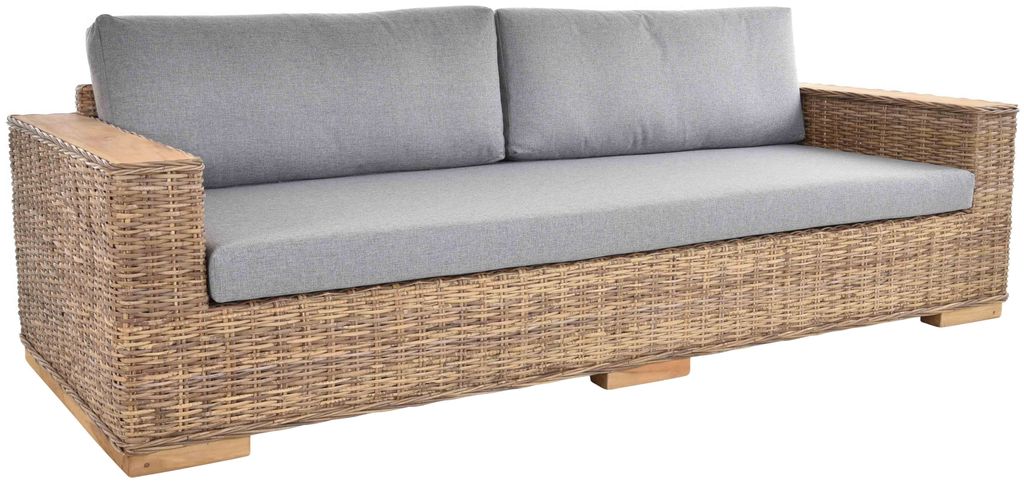 KRINES HOME Schlafsofa Maxi Rattan-Sofa Rattan Wohnzimmersofa mit Polster Couch Lounge Wohnzimmer Sofa (Grau Natur, 4-Sitzer)