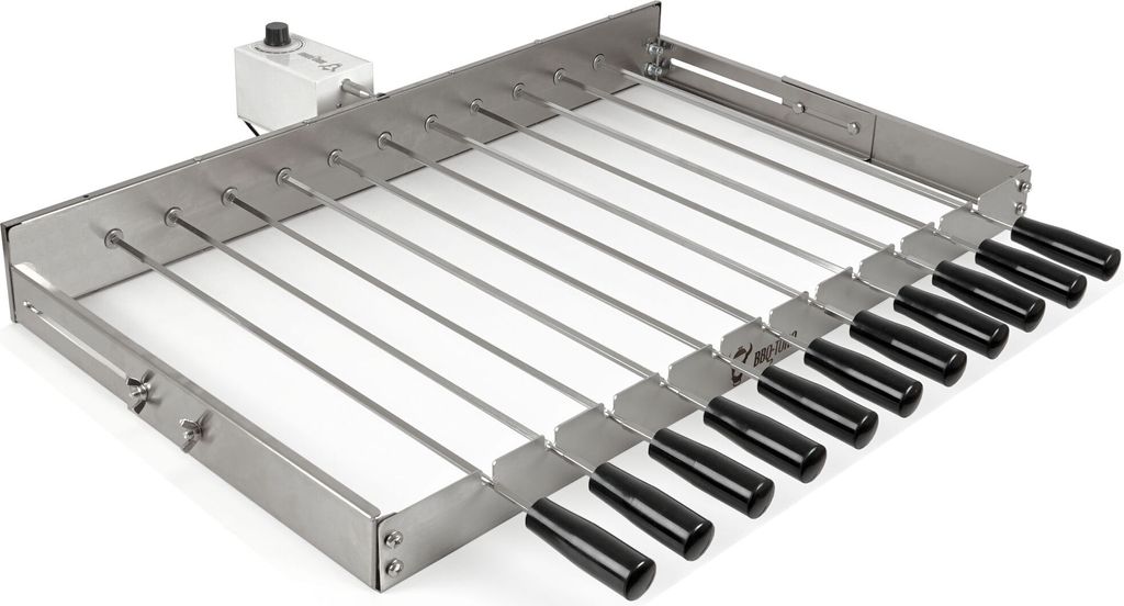 A stainless steel rotisserie grill attachment with multiple skewers and a motor.