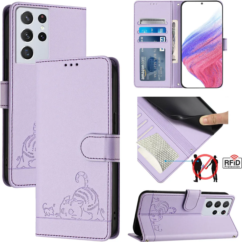 Cover Protettiva S21 Ultra 5G Pelle Viola - Gatto Flip Case Stand