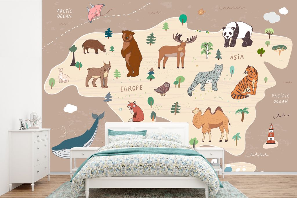 MuchoWow Fototapete für Wohnzimmer oder Schlafzimmer Wandtapete Vinyl Motivtapete Weltkarte - Braun - Tiere - Jungen - Mädchen - 525x350 cm - D...