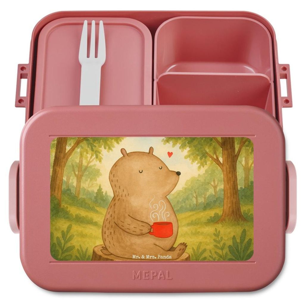 Mr. & Mrs. Panda Bento Box Bär Kaffee Design - Rot Pastell - Geschenk, Vesperbox, Snackdose, Guten Morgen, Coffee, Bentobox, Teddy, Snackbox, Moti...