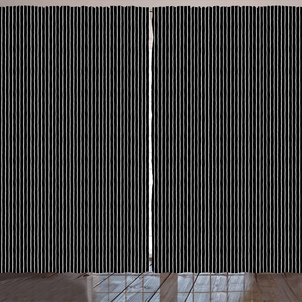 ARANDE Nadelstreifen Gardine, Monochrom Schwarzweiss-Entwurf Weiß Dünne Ungleiche Linien auf dunklem Hintergrund, 280 x 245 cm, Schwarz und weiß
