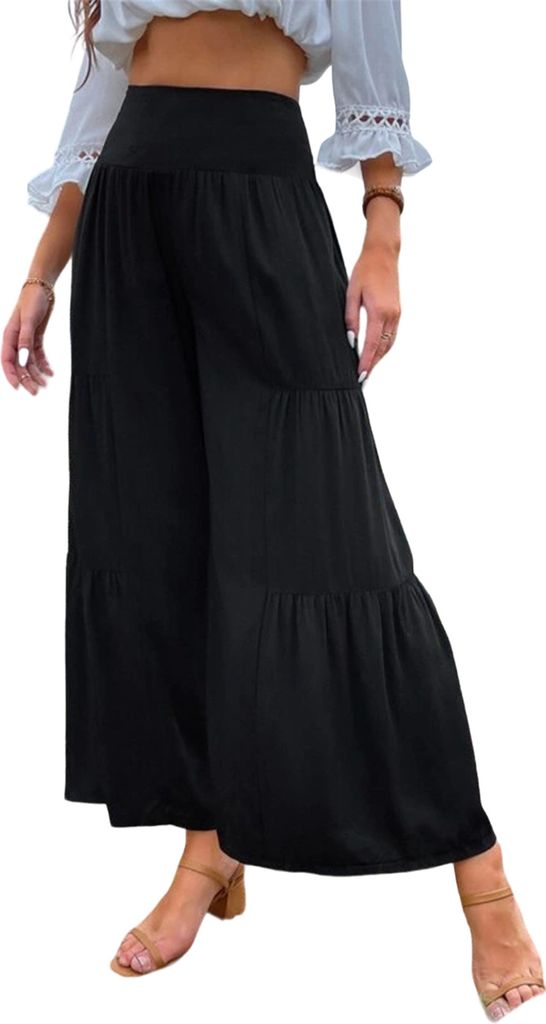 ASKSA Damen Leinenhose Sommer Elegant Hohe Taille Weites Bein Freizeithose Leichte Hosen, Schwarz, Groesse: M