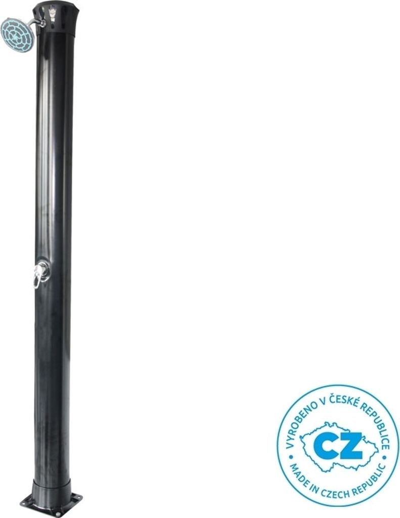 A black solar shower column with a shower head and faucet, standing on a white background. A circular logo indicating 'Made in Czech Republic' is present in the lower right corner.