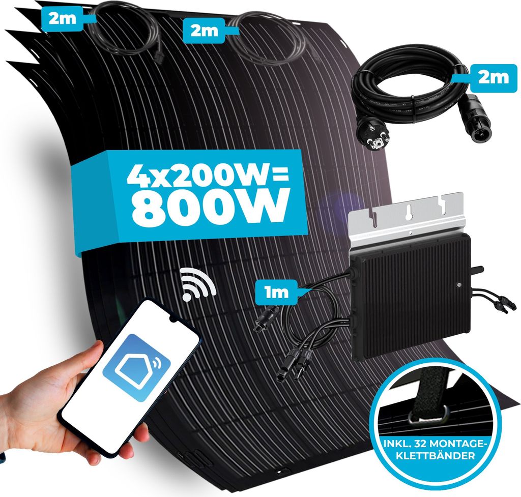 2x flexibles Solarpanel 800W für Balkonkraftwerk – inkl. Wechselrichter & Anschlussbox hinten; Komplettset für Balkon, Camper, Boot, Garten & Zaun