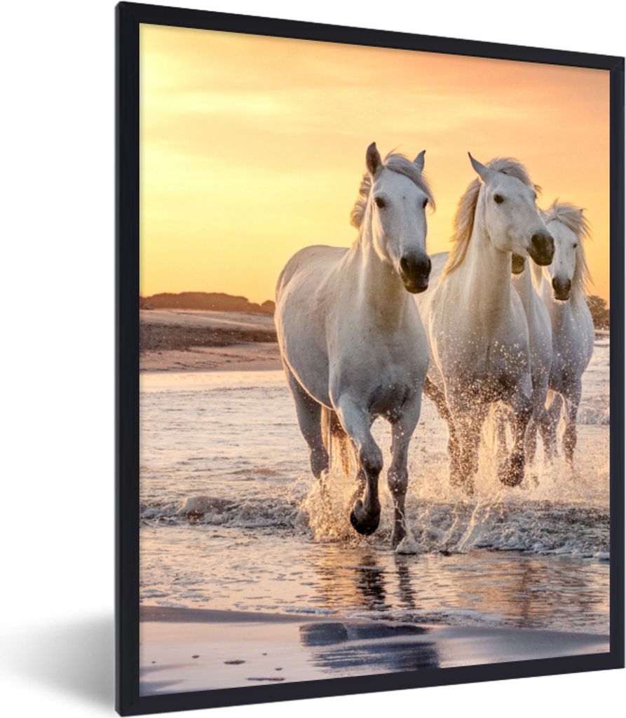 MuchoWow Gerahmtes Poster Pferde - Sonne - Meer - Strand - Tiere 30x40 cm - Poster mit Schwarzem Bilderrahmen Wandposter Rahmen Foto Bilder - Wan...