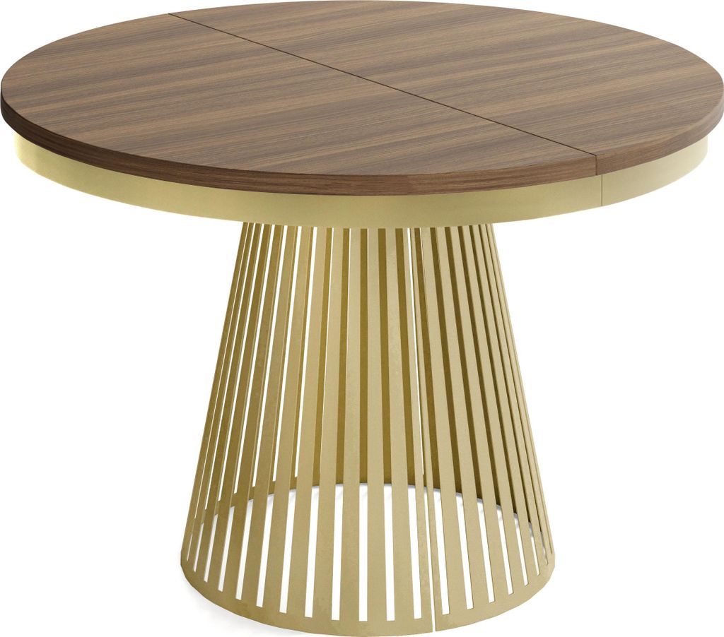 Esstisch Rund Ausziehbar mit Lamellen im Loft-Stil – 120 bis 200 cm – Industrieller Tisch mit Metallbeinen in Gold, Platzsparend für Wohnzimme...